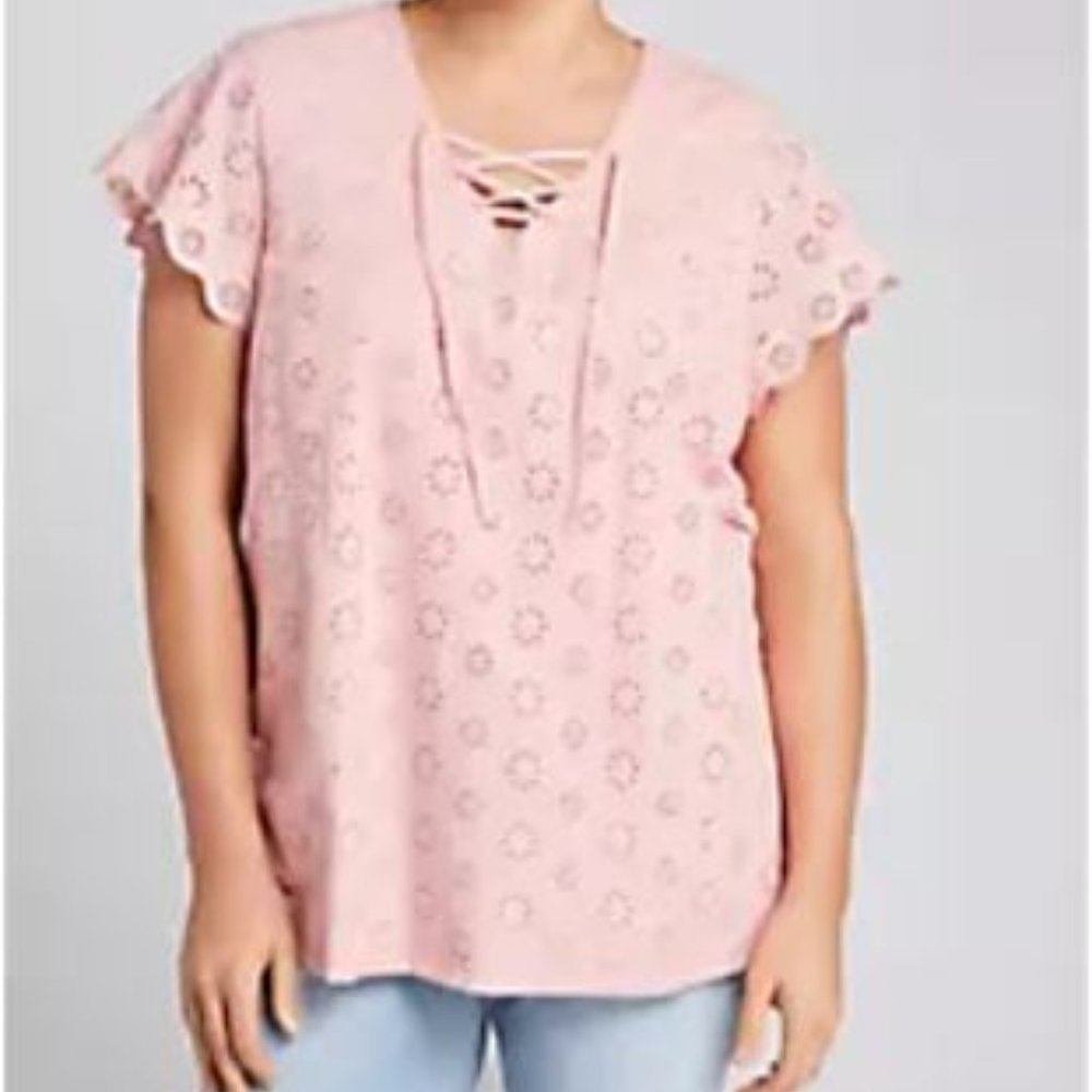 Lane Bryant Lace-Up Neck Eyelet Top - 14/16 - Picture 1 of 4